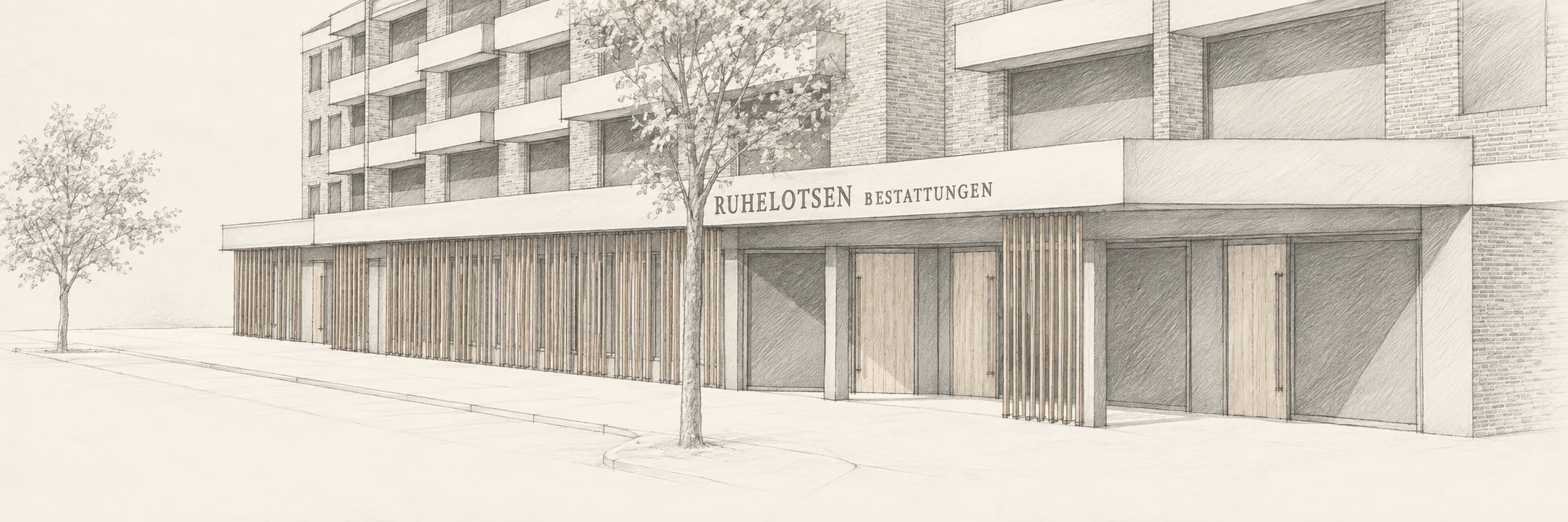 Bleistiftzeichnung der Fassade des Bestattungshauses Ruhelotsen in Buchholz